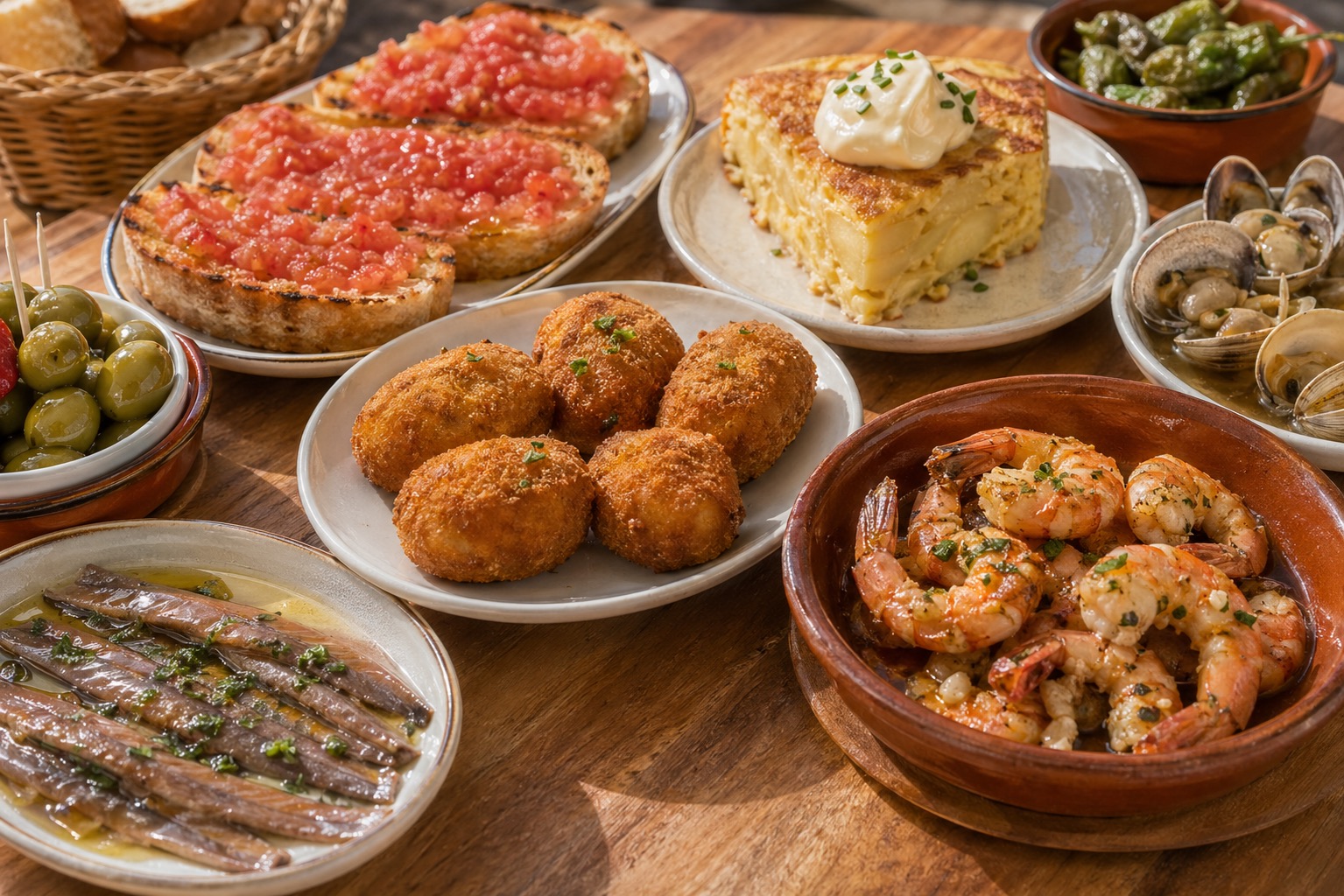 Tapas spread with croquetas, pan con tomate, tortilla, anchovies, prawns, and olives.