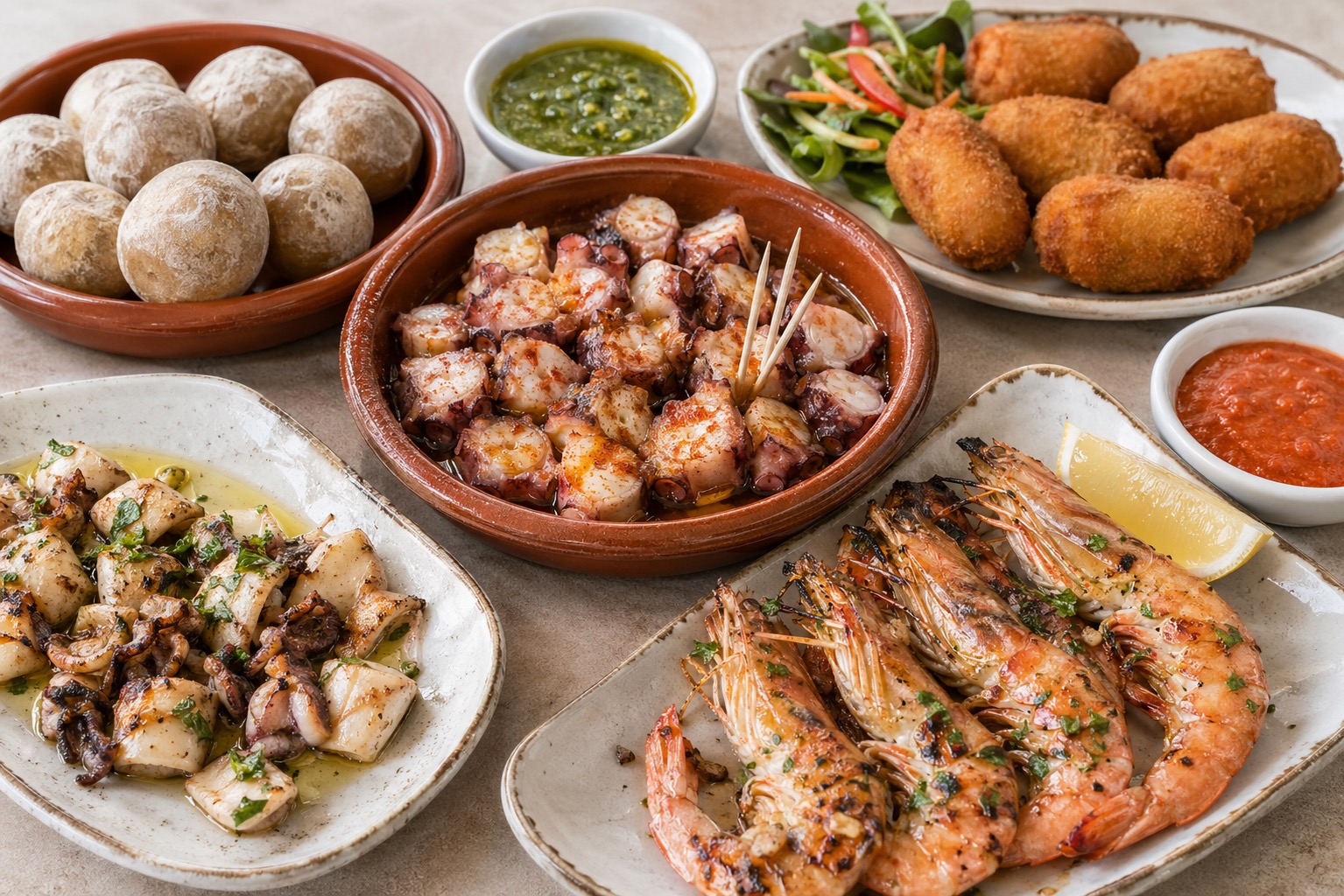 Spanish seafood tapas with octopus, prawns, croquetas, papas arrugadas, and mojo.