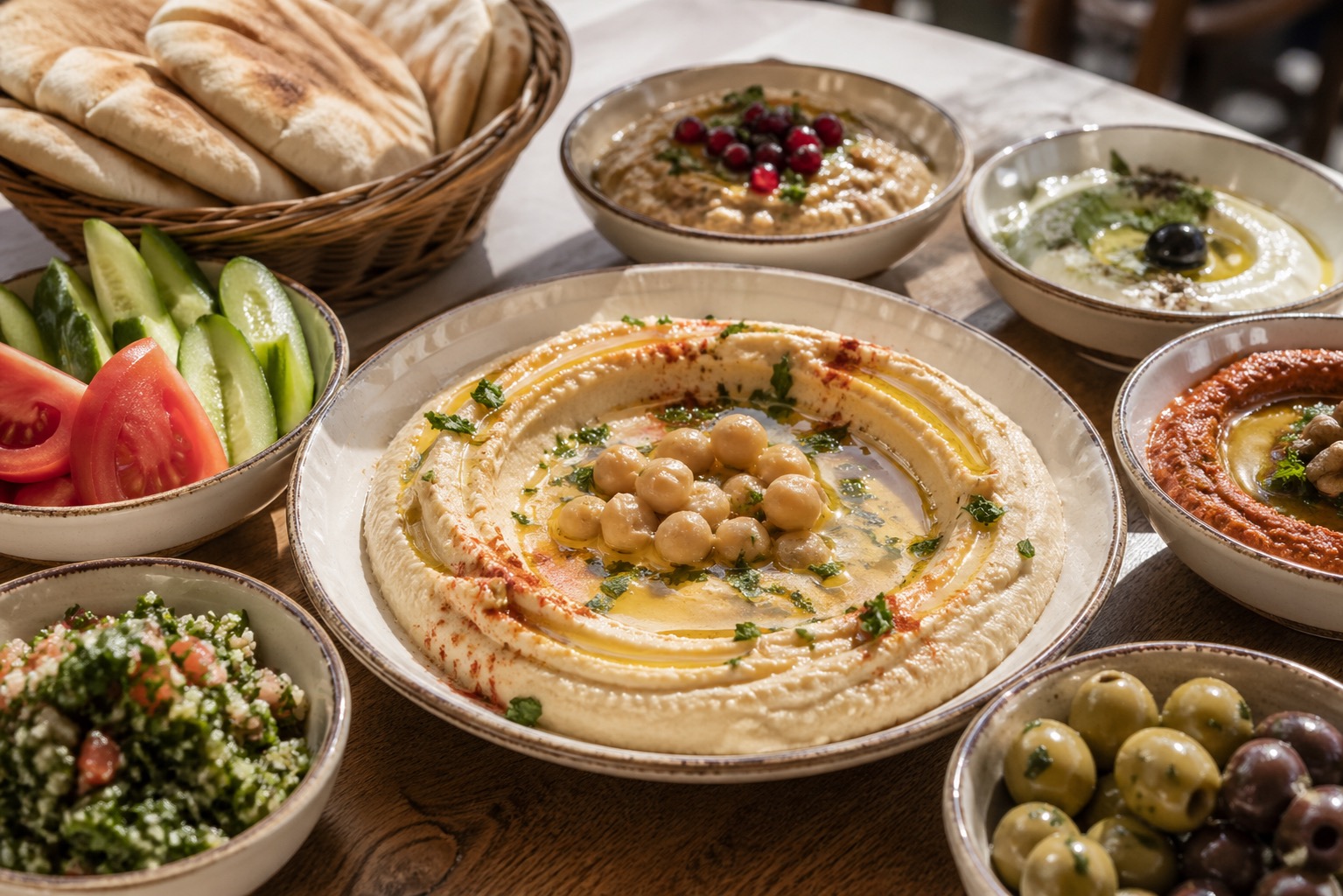 Hummus and mezze with pita, olives, vegetables, olive oil, and herbs.