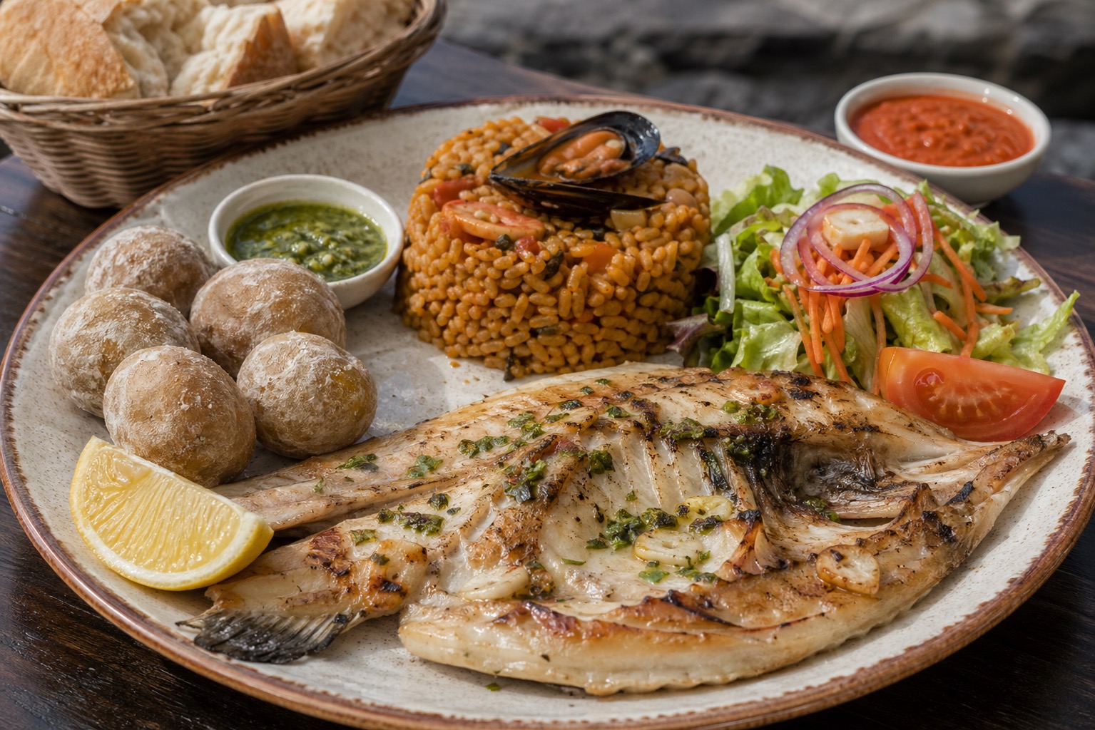 Canarian seafood plate with grilled fish, seafood rice, papas arrugadas, mojo, and salad.