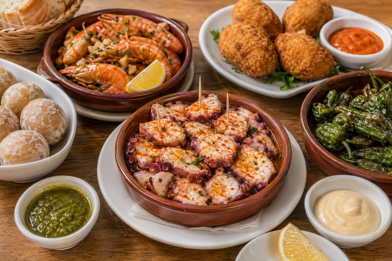 Canarian tapas and octopus with croquetas, papas arrugadas, prawns, mojo, and lemon.