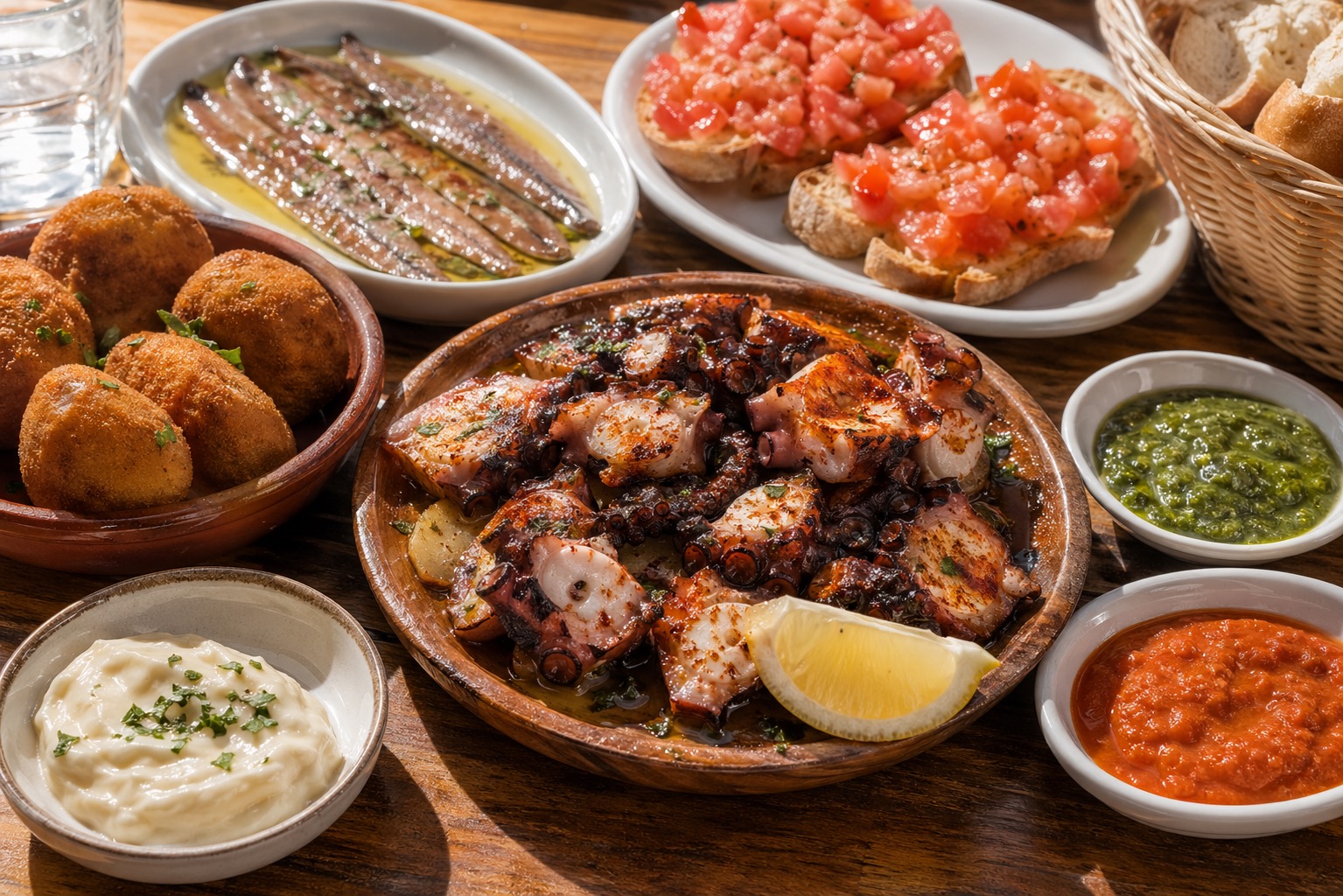 Seafood tapas spread with grilled octopus, croquetas, anchovies, tomato bread, and mojo.