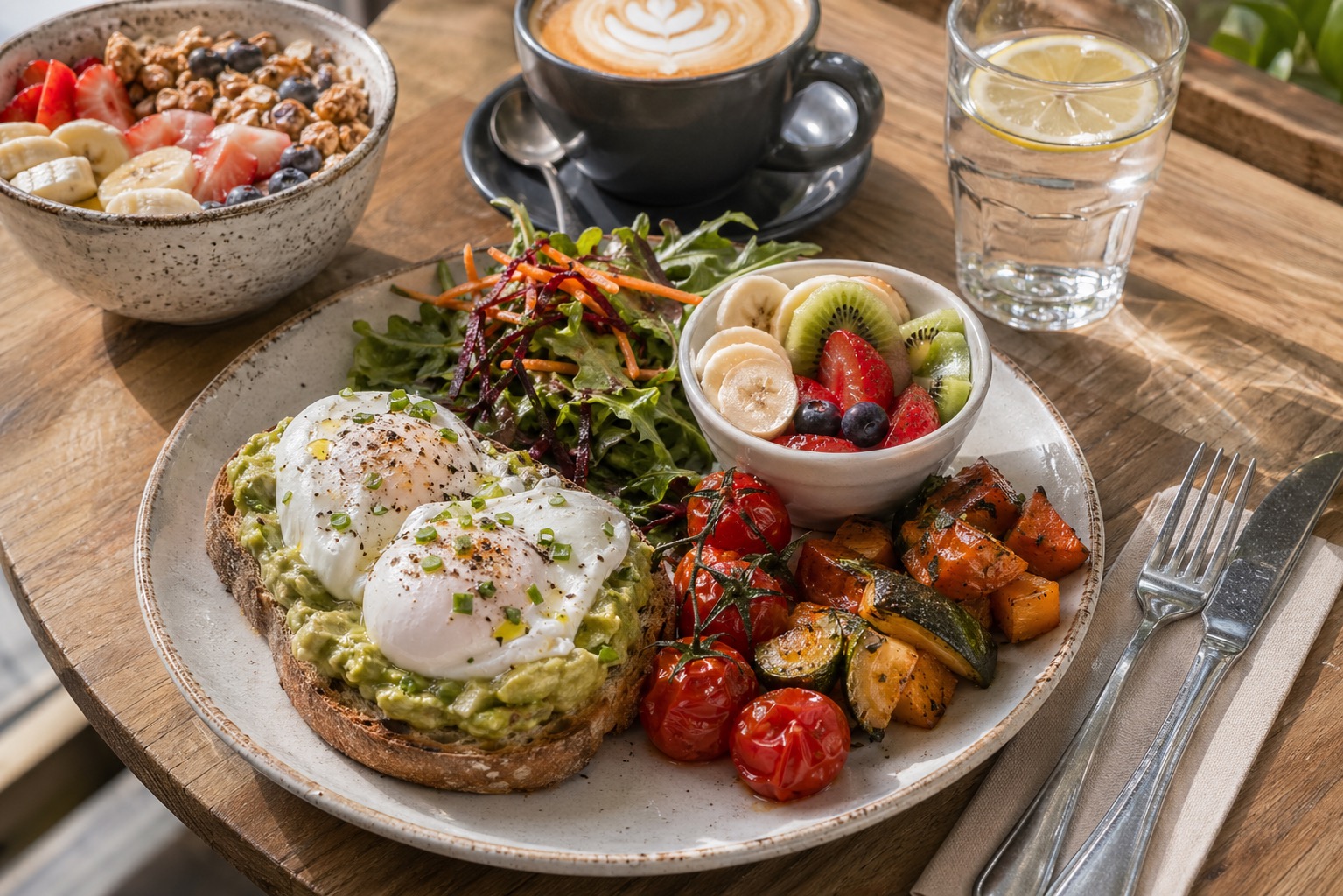 Surf-cafe brunch with eggs, avocado toast, roasted vegetables, fruit, granola, and coffee.